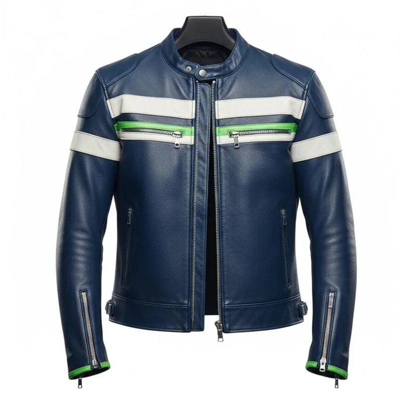 mens-white-green-striped-biker-blue-leather-jacket