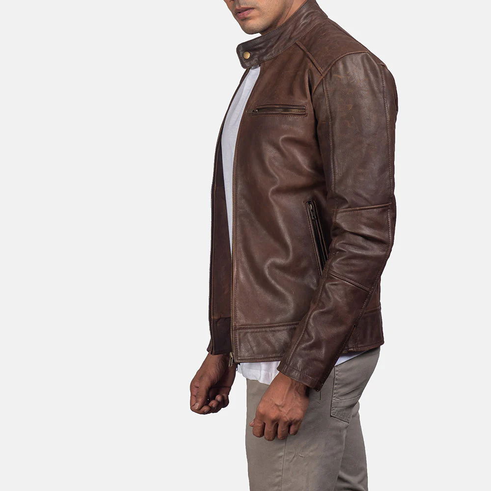 Men's Vintage Brown Cafe Racer Leather Jacket - Image 5
