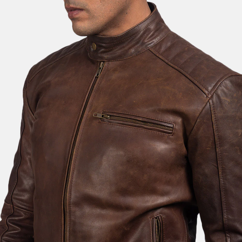 Men's Vintage Brown Cafe Racer Leather Jacket - Image 7