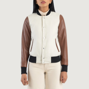 Women's Ivory & Brown Hybrid Varsity Jacket